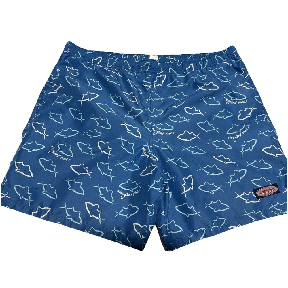 Vineyard‎ Vines Mens Blue Shark Print Swim Trunks Shorts Size Large Drawstring